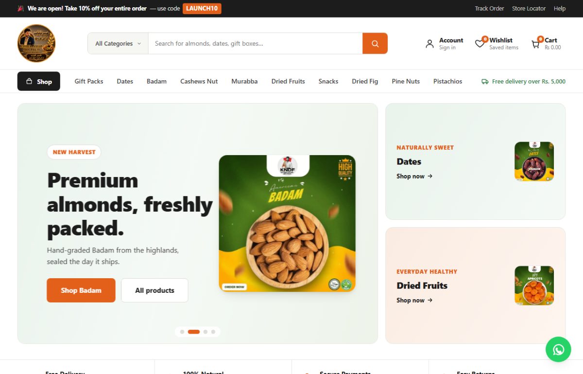 khybernayabdryfruit.com storefront — promo bar, product search, category navigation and a hero banner reading “Premium almonds, freshly packed.”