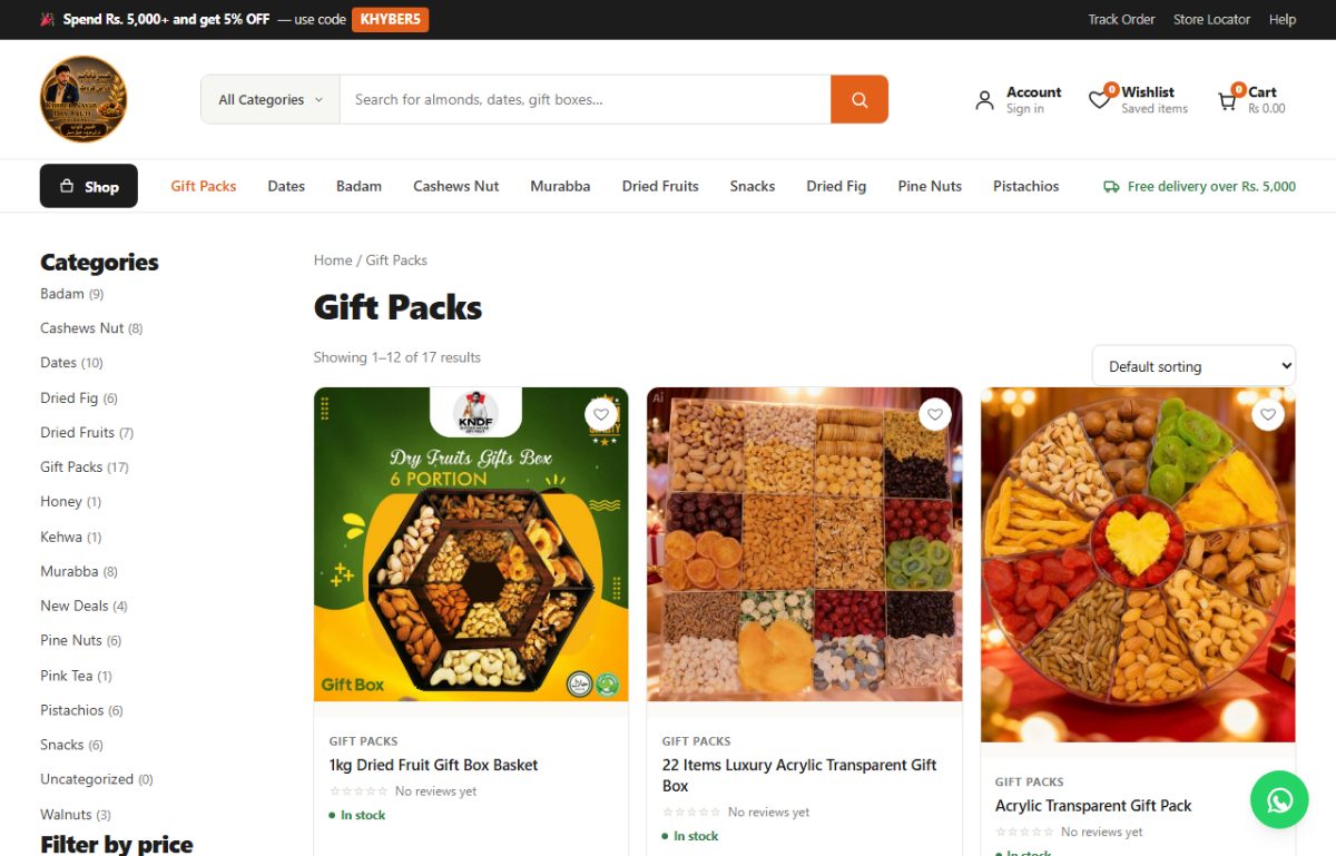 The Gift Packs category page, with a sidebar of categories, price filters and a grid of product cards.