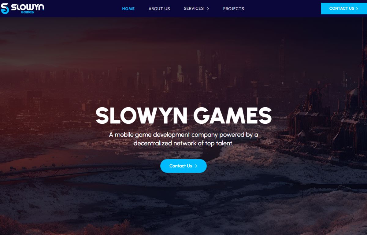 slowyngames.com homepage — full-bleed landscape artwork behind the Slowyn Games wordmark and the line “A mobile game development company powered by a decentralized network of top talent.”
